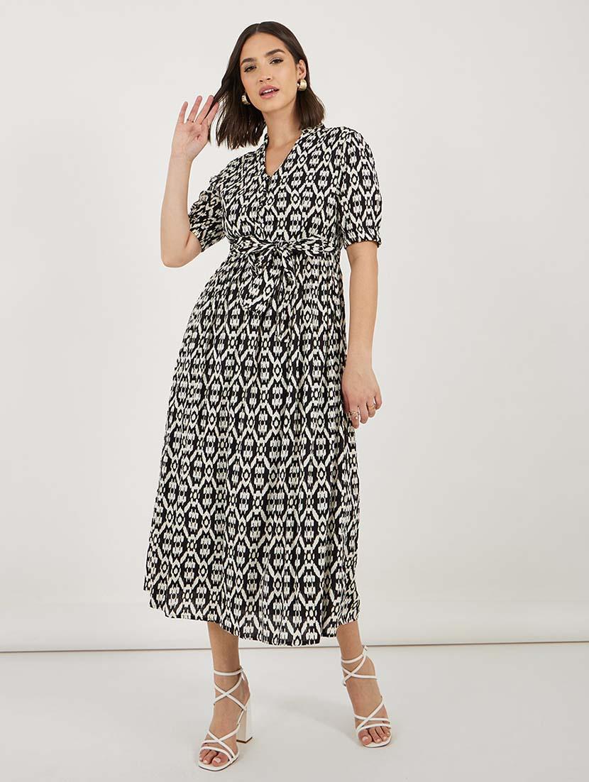 women printed mandarin neck a-line dress