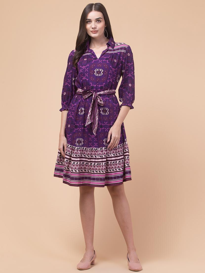 women printed collared puff sleeves dress
