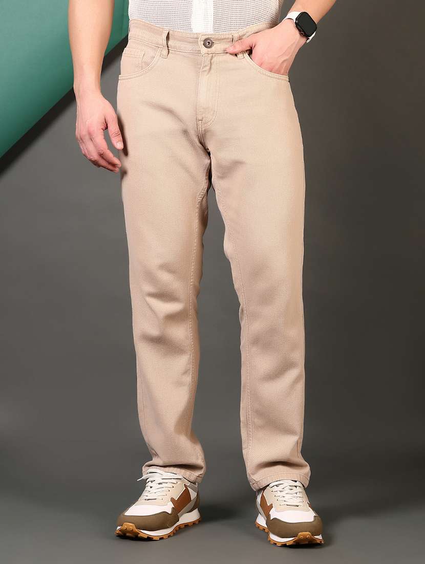 men beige mid rise straight fit denim jean