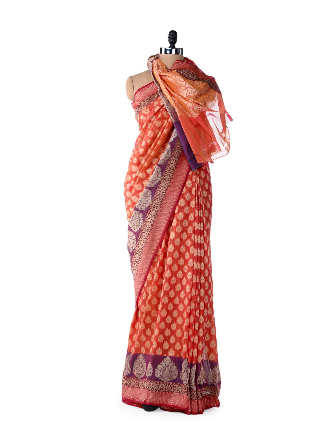 Designer Orange Cotton Silk Saree - Bunkar