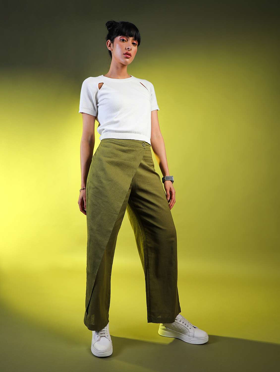 women solid high rise wrap wide leg trouser