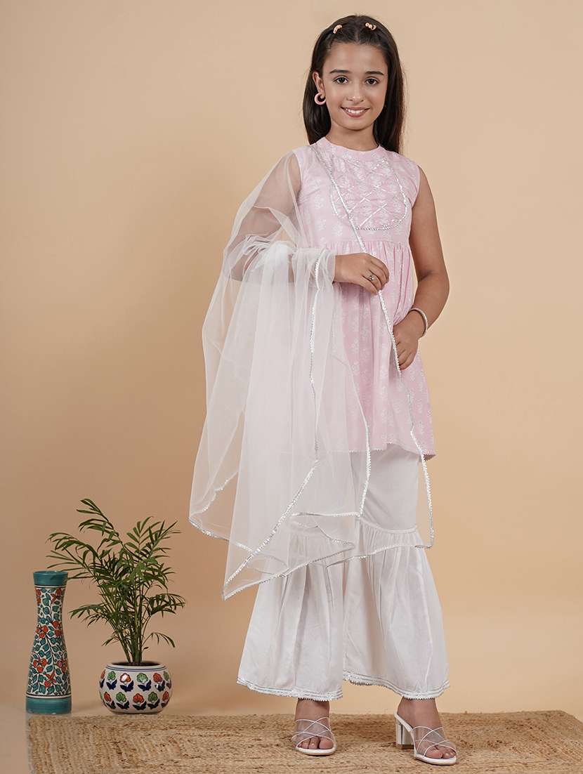 girls floral mandarin neck kurta palazzo set with dupatta