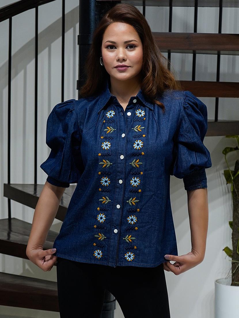 women embroidered collared puff sleeves shirt