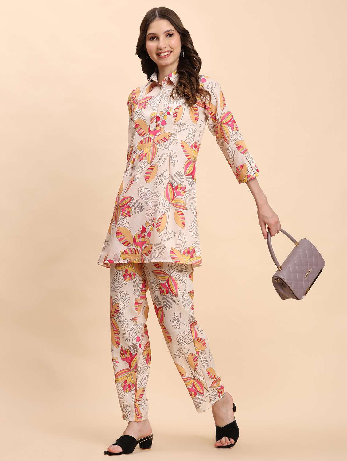 women printed three quarter sleeves ethnic co-ord set