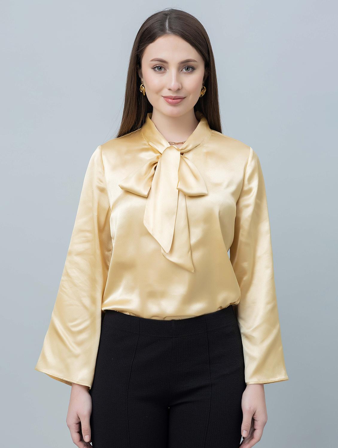 women solid tie-up neck bell sleeves top