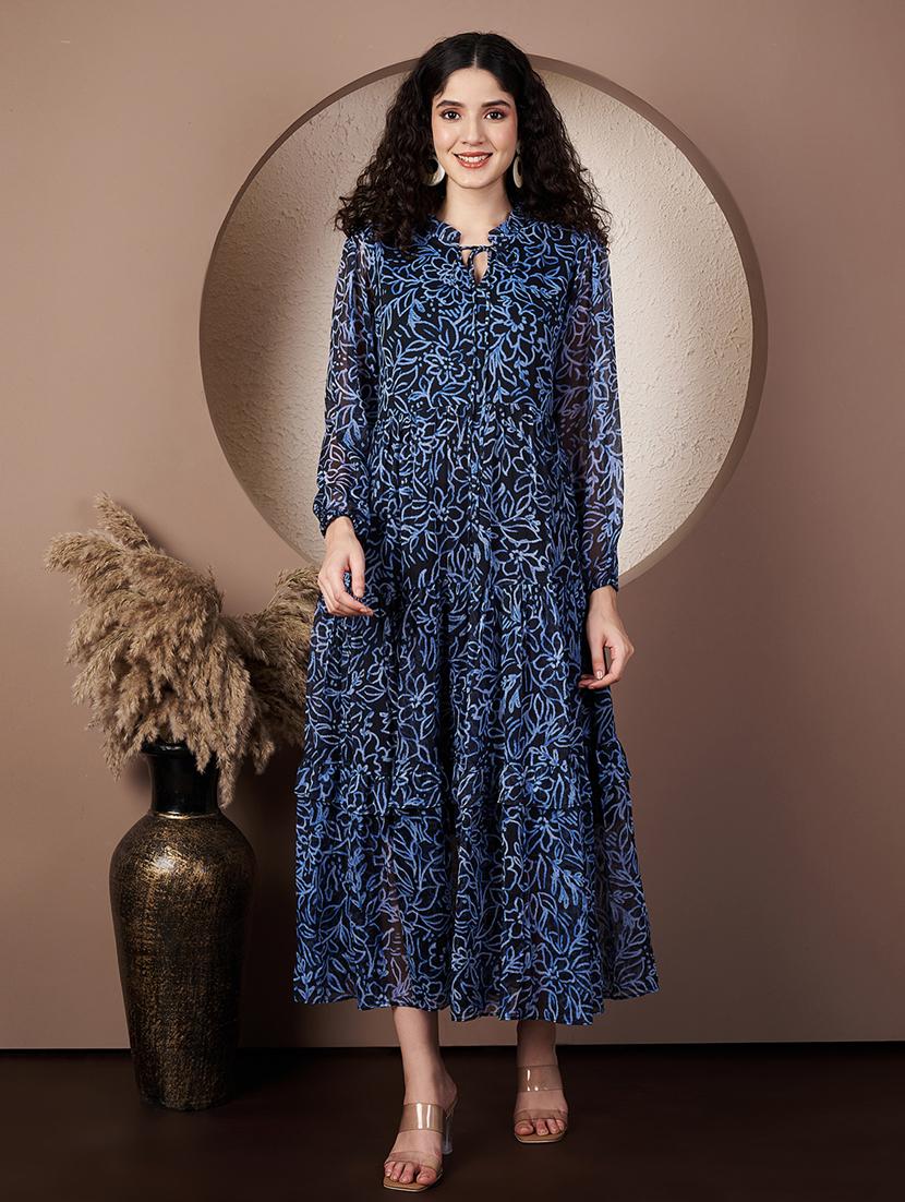 women printed tie-up neck tiered dress