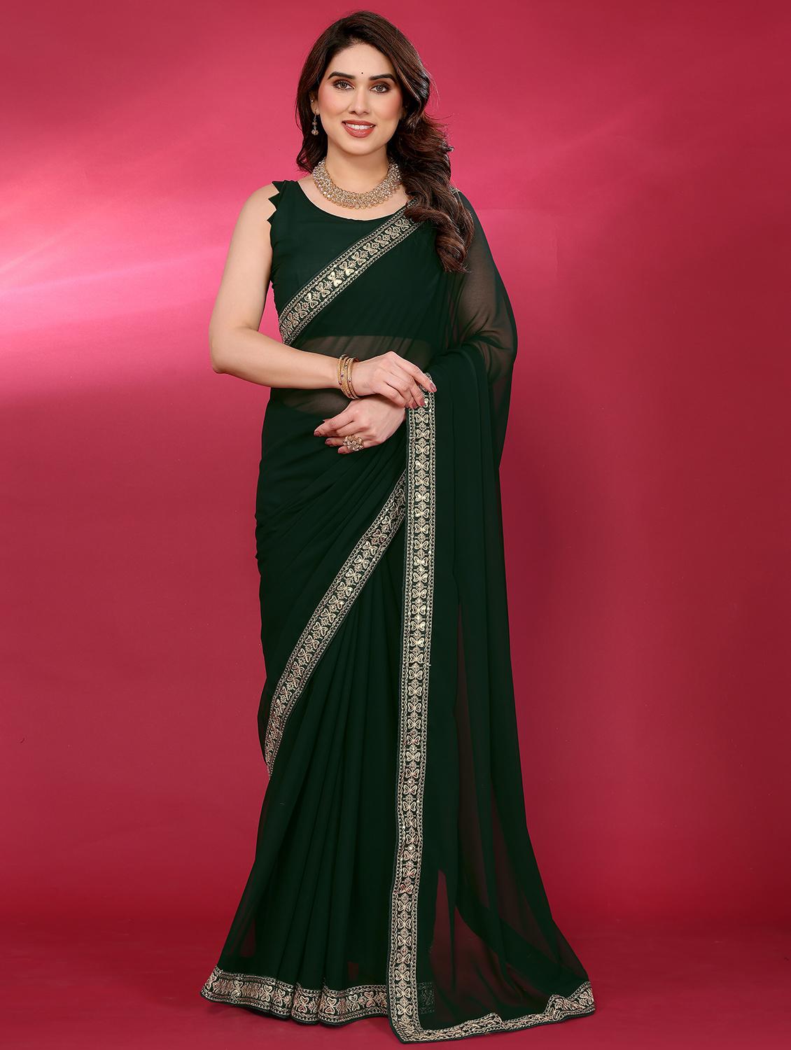 women solid with bordered saree with blouse