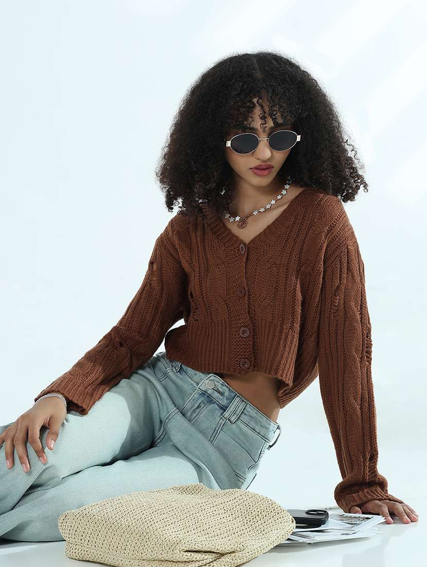 women brown solid long sleeve crop cardigan