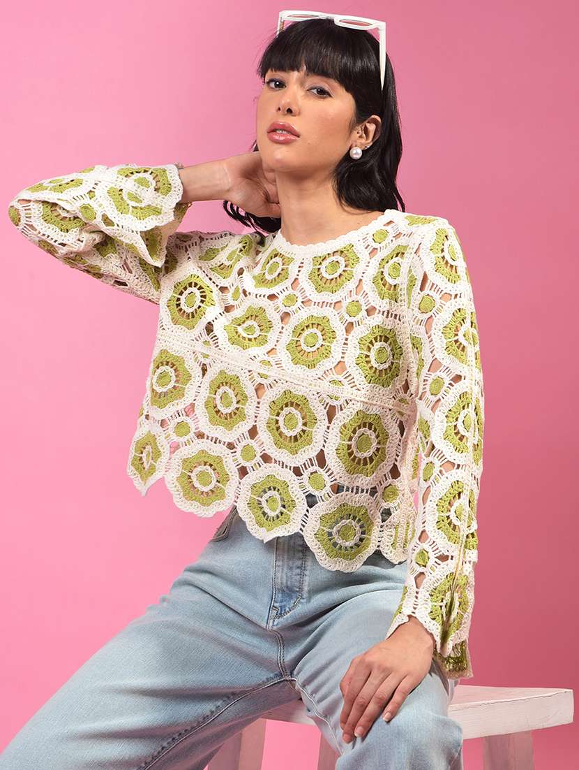 women green long sleeve crop crochet top