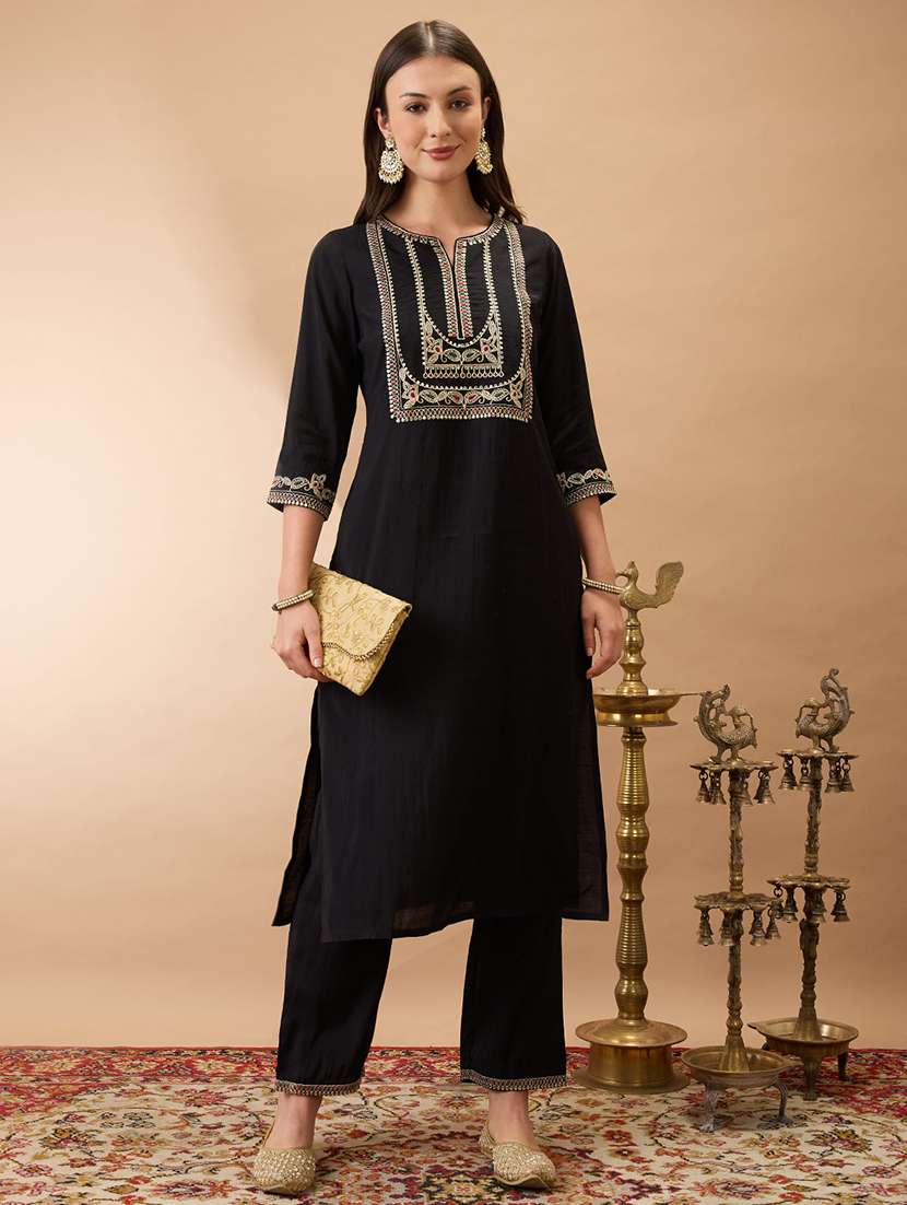 women black round neck zari embroidered yoke straight kurta with pant festive set