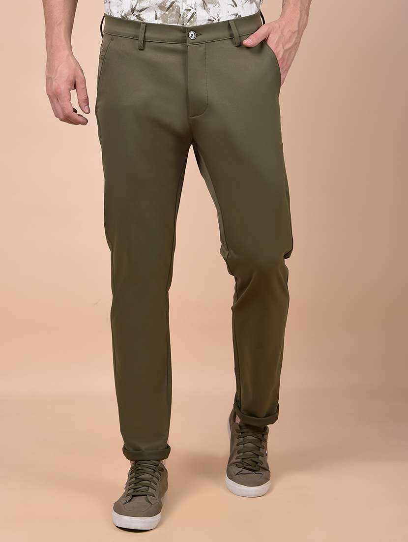 men solid mid rise flat front casual chinos