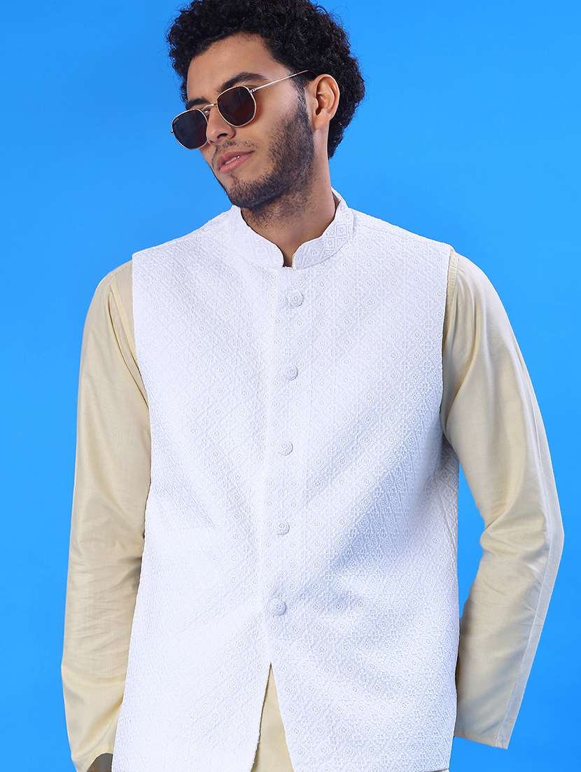men solid with work mandarin neck regular fit nehru jacket