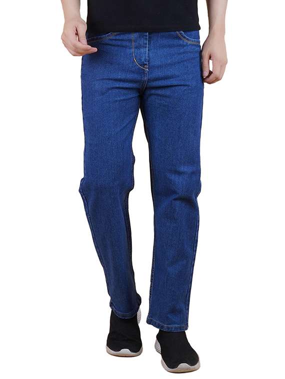 men blue plain mid rise straight fit jeans