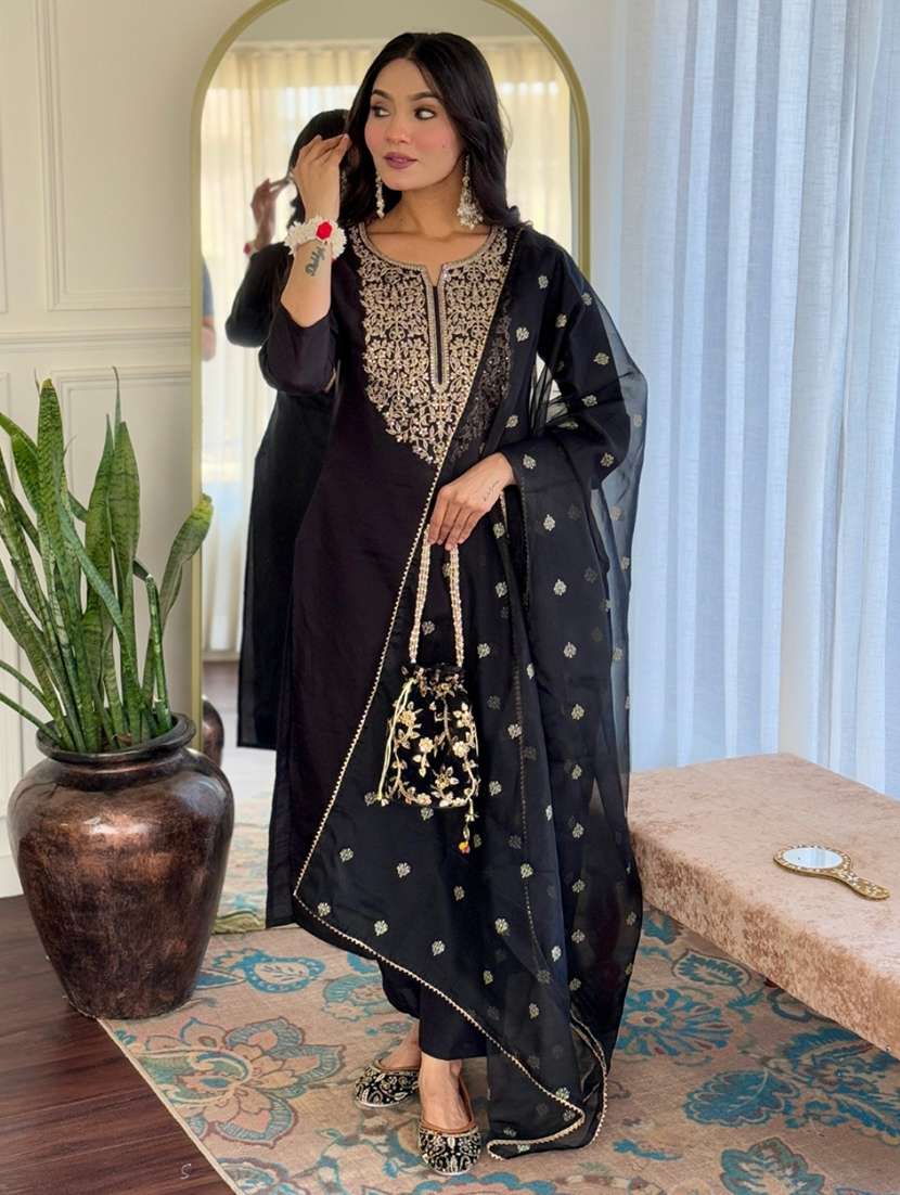 women embroidered three quarter sleeve kurta pant with dupatta set