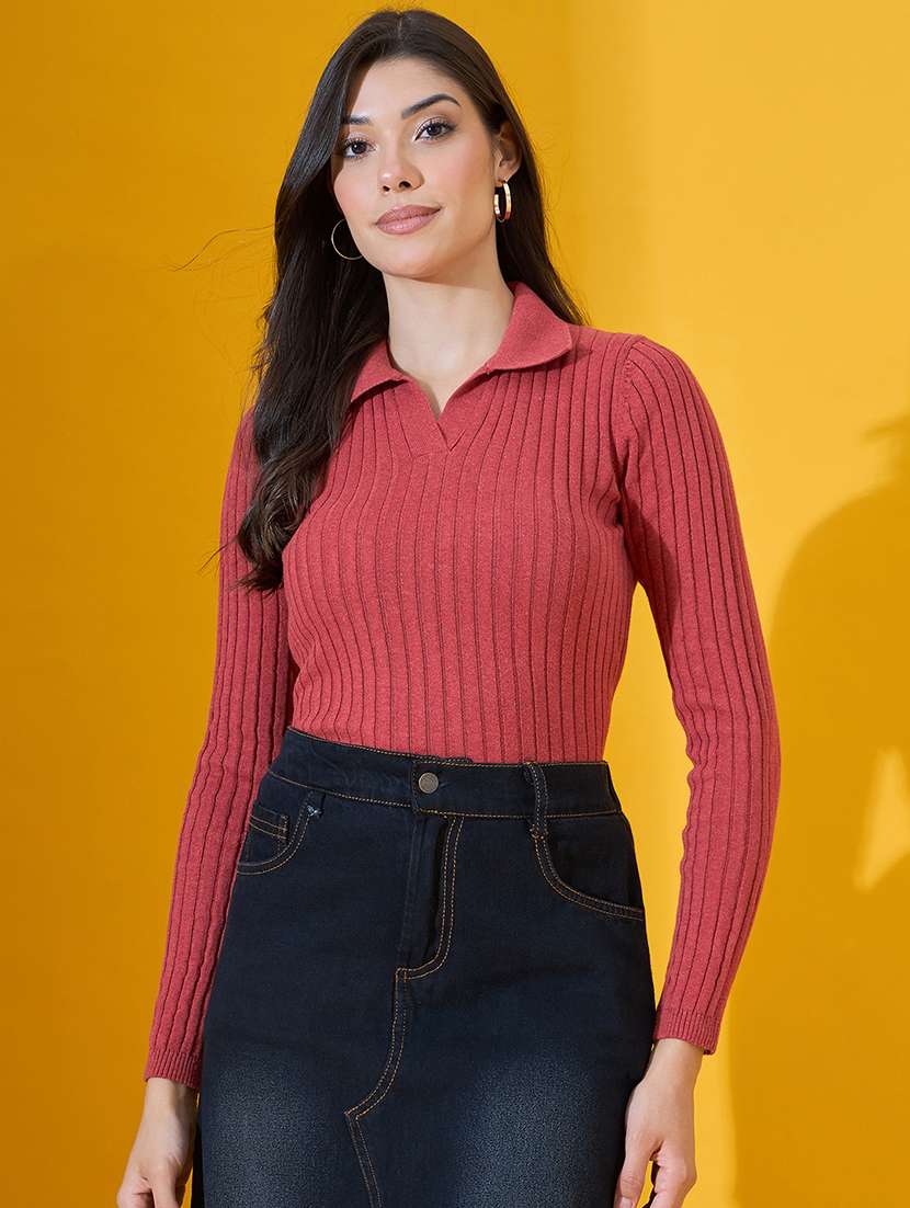 women solid long sleeve collared pullover