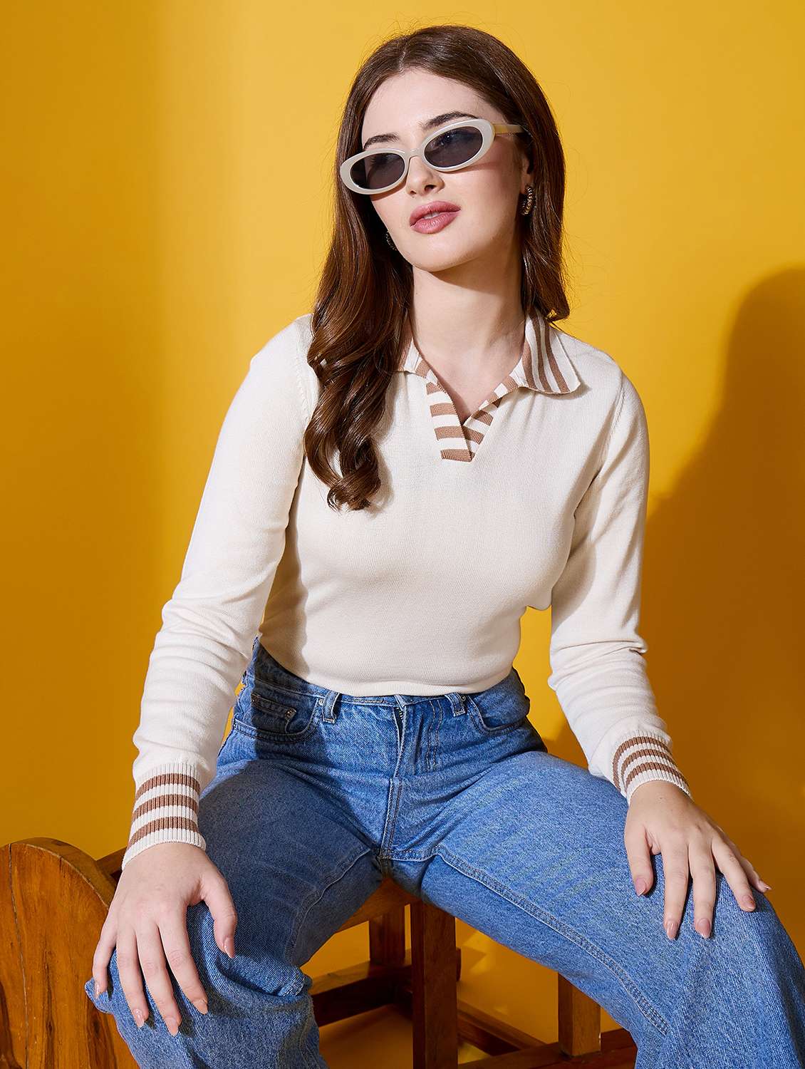 women solid collared long sleeve pullover