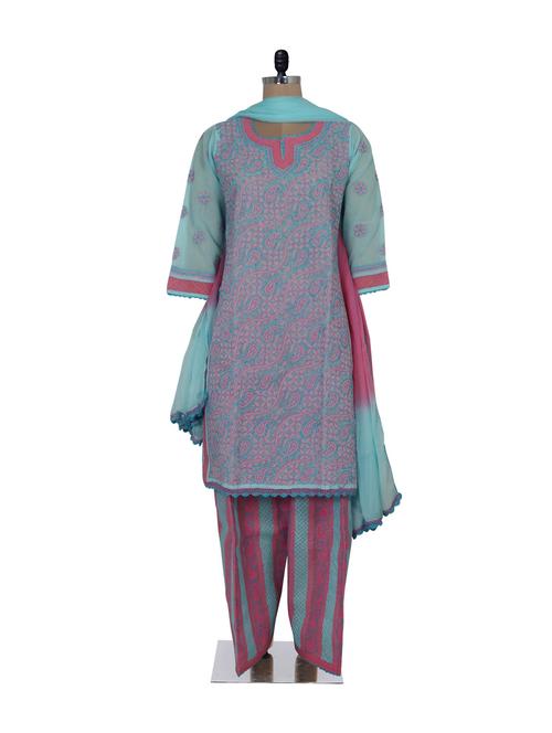 Elegant Blue & Pink Chikankari Suit - Ada