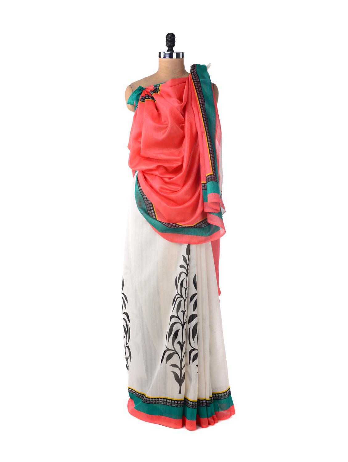 Orange And Purple Madhubani Print Saree - ROOP KASHISH