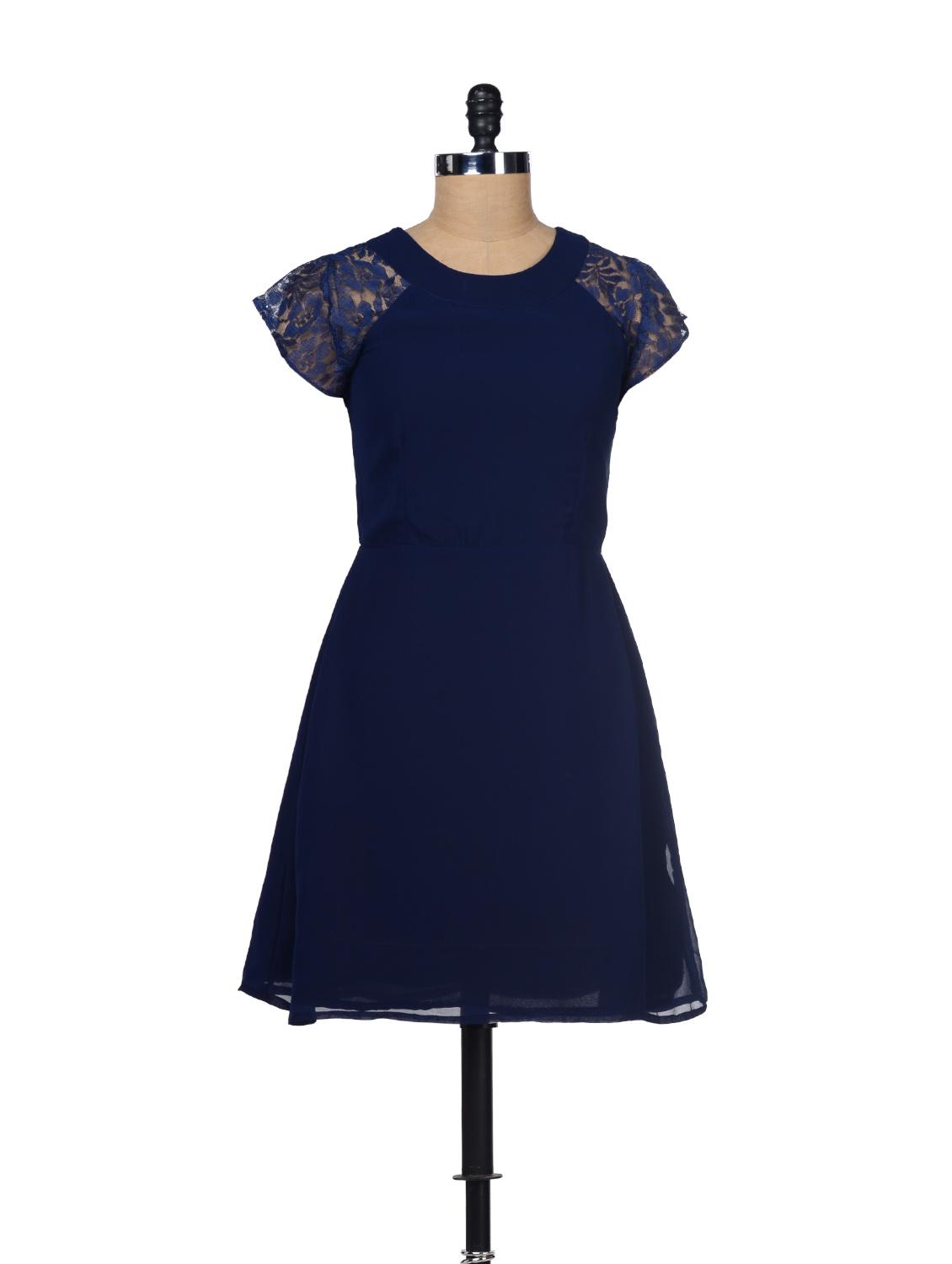 Navy Lace Sleeves Dress - Besiva