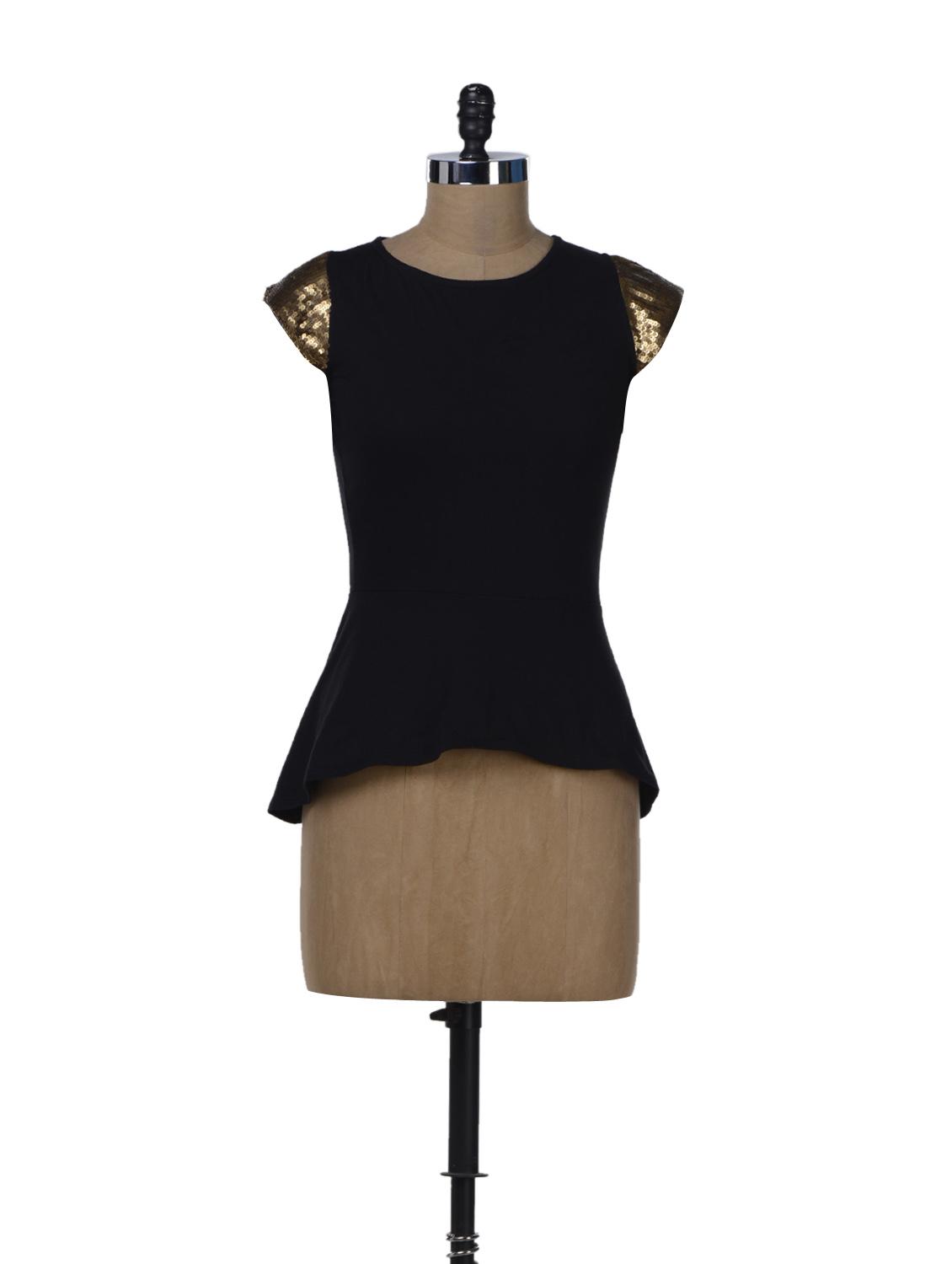 Black Peplum Top With Gold Sleeves - Miss Chase