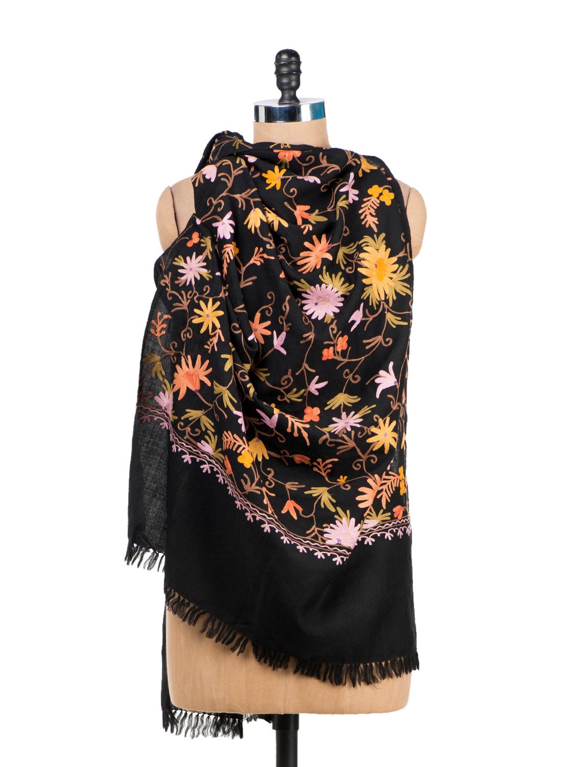 Floral Black Embroidered Shawl - Vayana