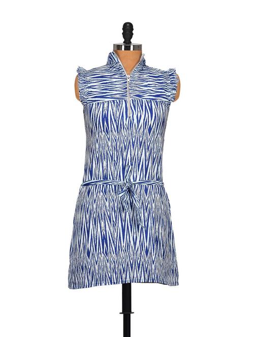 Abstract Striped High Neck Dress- Blue - STYLE QUOTIENT BY NOI