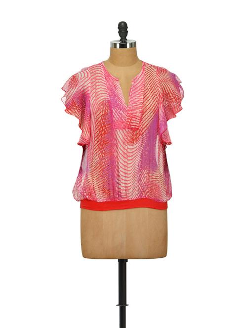 Printed Chiffon Top In Pink And Tangerine - House Of Tantrums