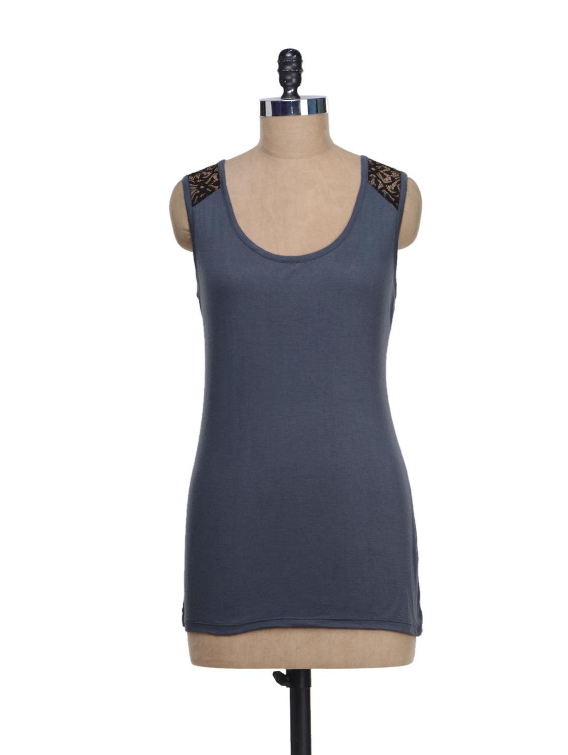 Navy Blue Top With Lace Shoulders - I AM FOR YOU