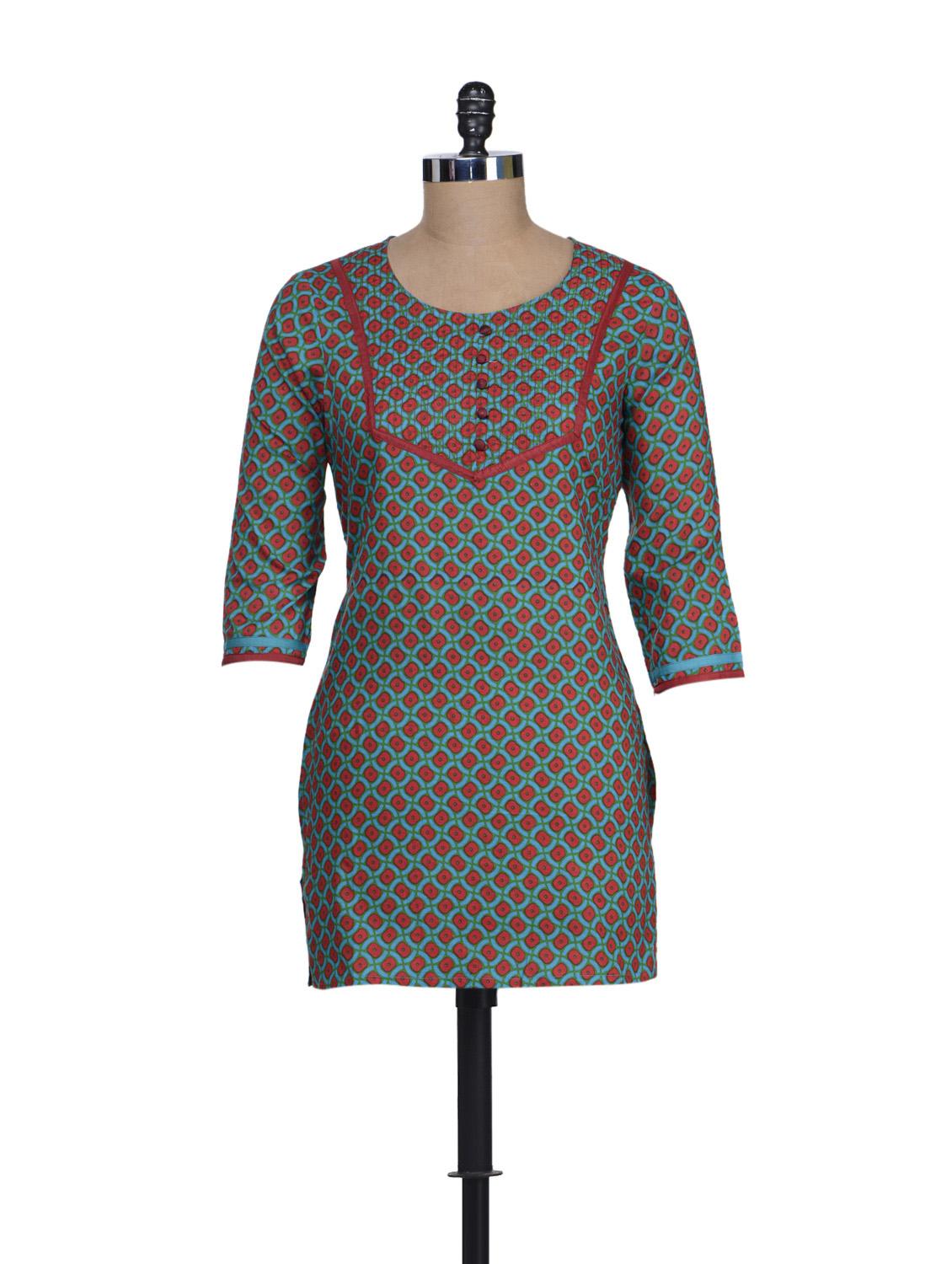 Turquoise Printed Short Kurta - Cotton Curio
