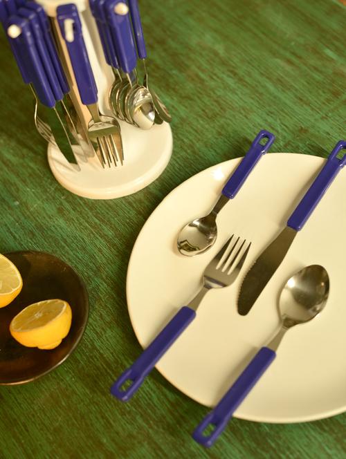 Blue Cutlery Set With Round Stand- 25 Pieces - Elegante