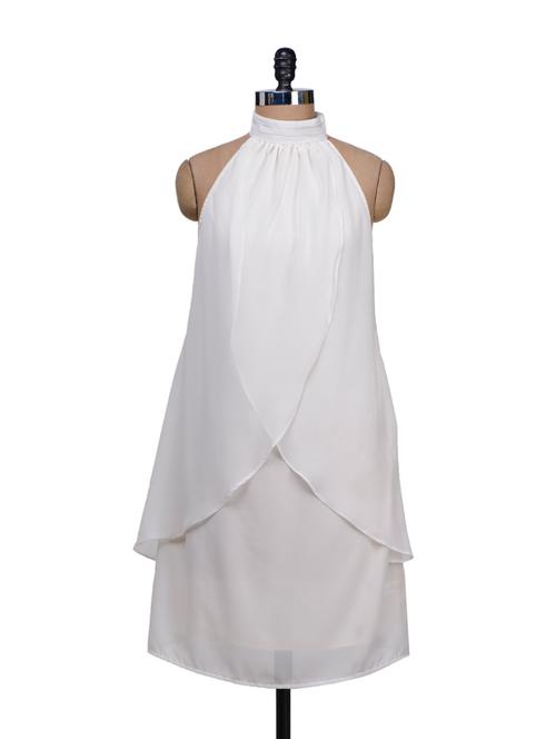 Wavy Drapes Halter Neck White Dress - Meee