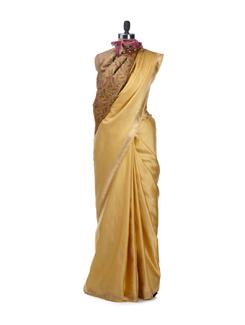 Yellow Gold Pure Katan Banarasi Saree With Attached Blouse Piece - Bunkar