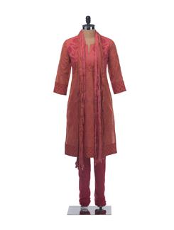 Deep Red and Orange Block Printed Suit Set with Churidar and Crinkled Dupatta (Set of 3) - KILOL