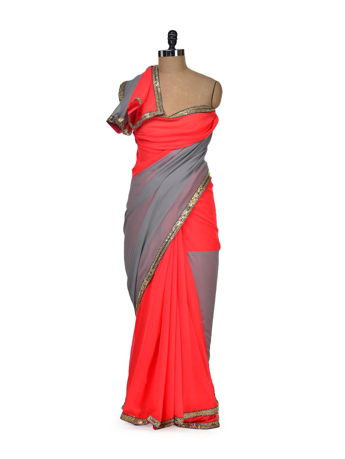 Elegant Peach & Grey Colorblocked Saree - Get Style At Home