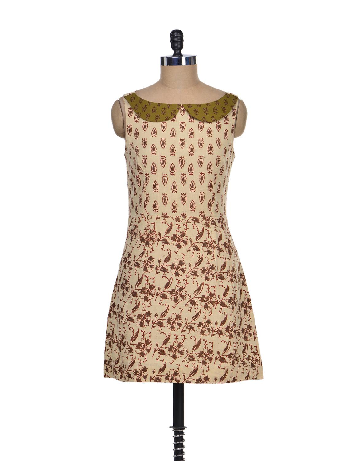 Beige & Brown Peter Pan Collar Dress - Desiweaves