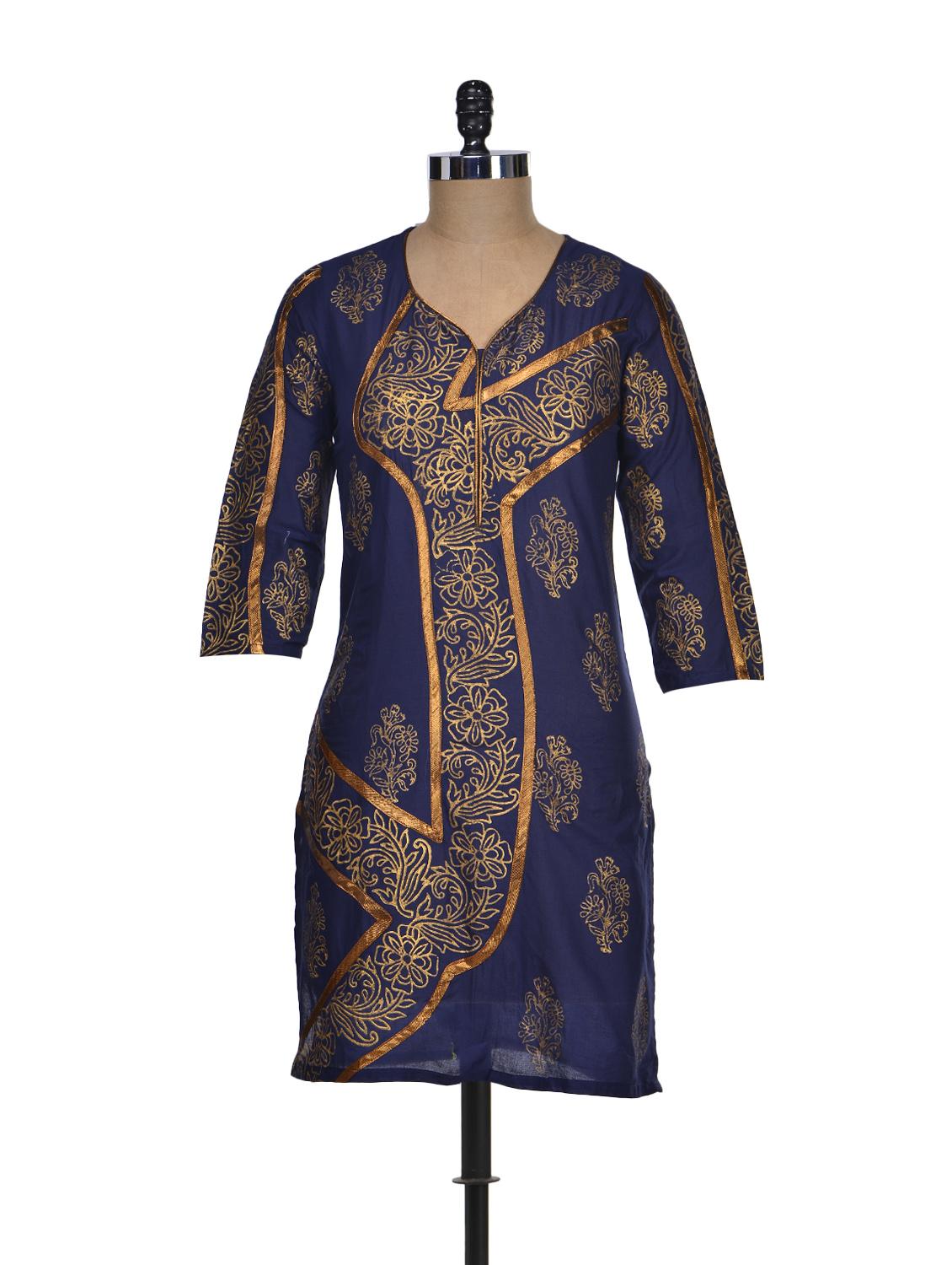 Floral Print Kurti In Navy And Bronze - NEE