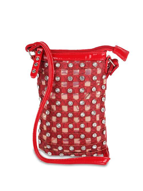 Red Designer Sling Bag With Diamonte Studs - ALESSIA