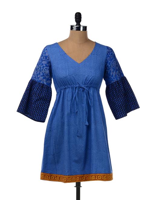 Blue Knee Length A-Line Dress With Draw Cords - Desiweaves