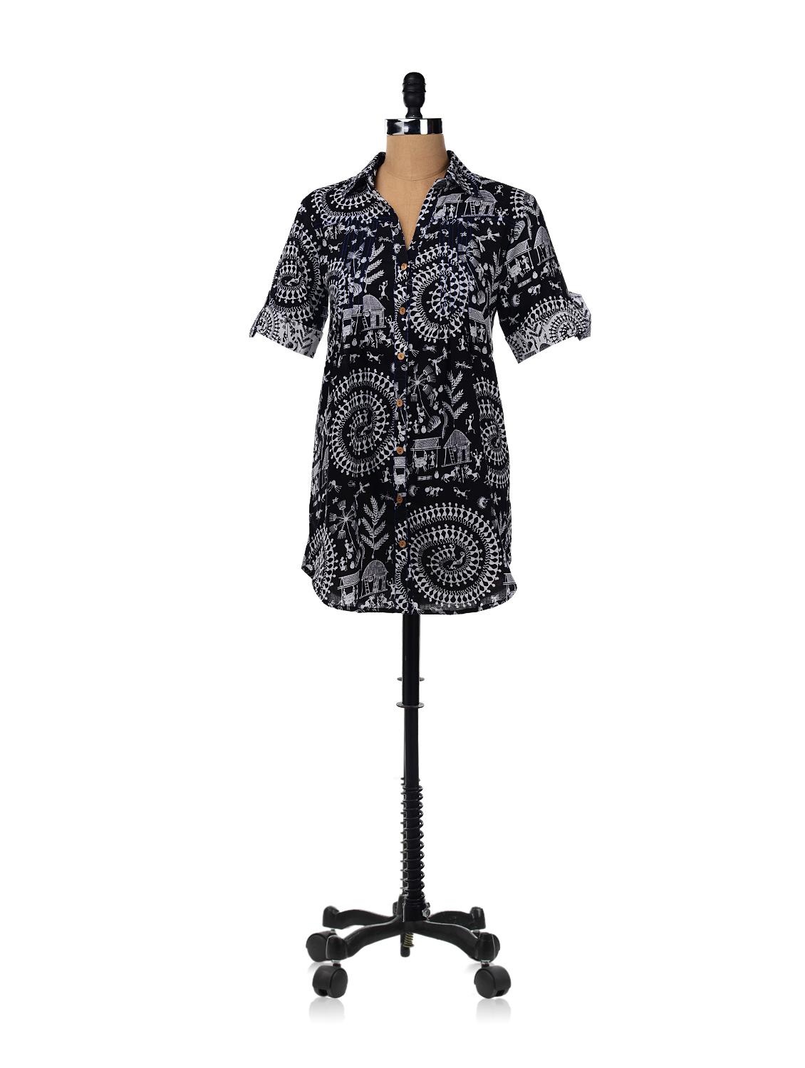Flared Shirt Dress With Warli Print - RIGOGLIOSO