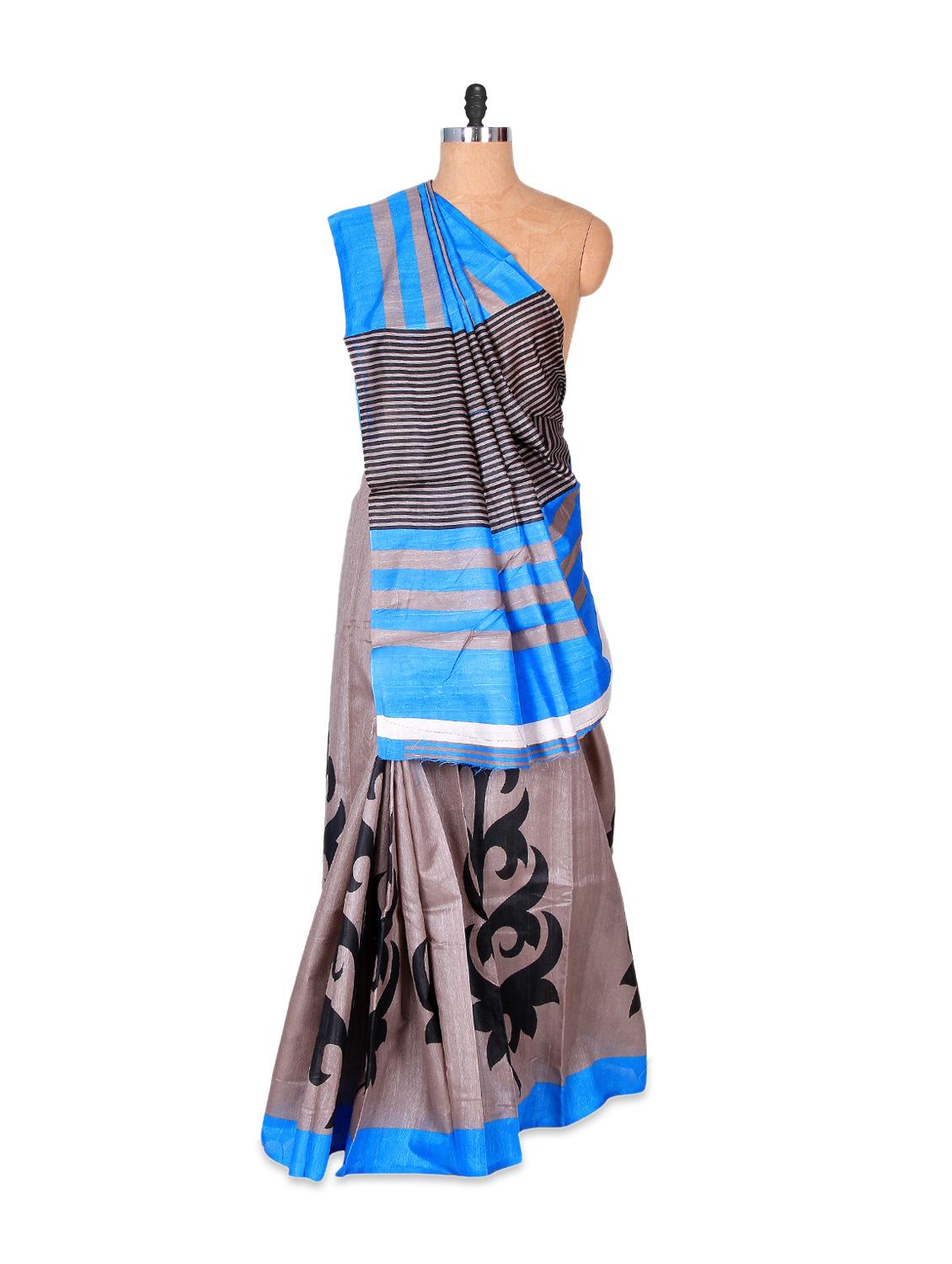 Beautiful Grey And Blue Art Silk Saree - Hypno Tex