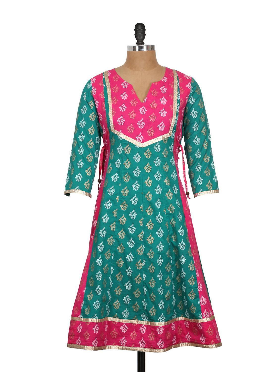 Green And Pink Printed Kurta - Kwardrobe