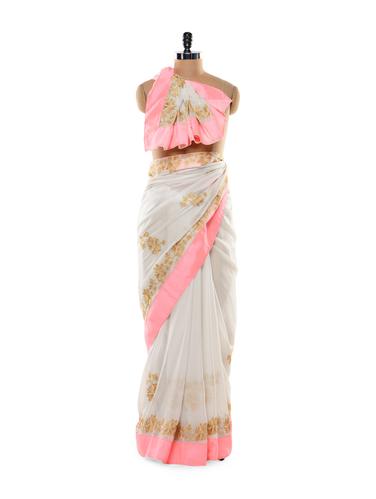White Shimmery Saree with Light Neon Pink Border