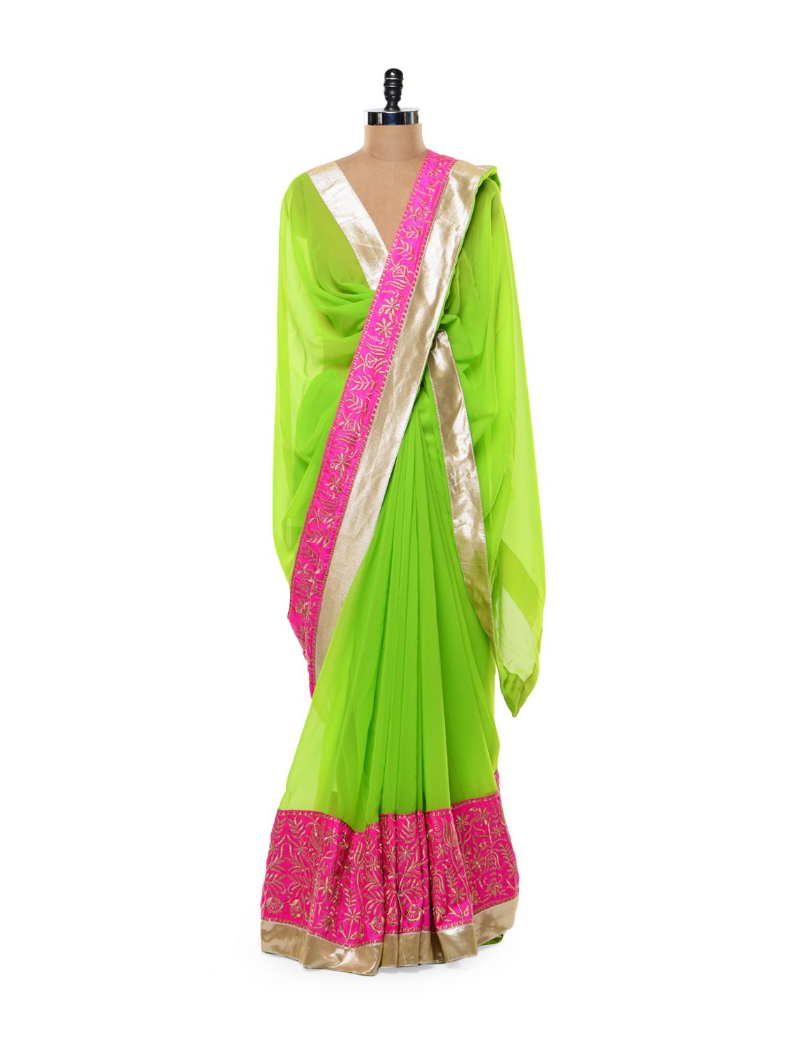 Vibrant Green And Pink Saree - Get Style At Home