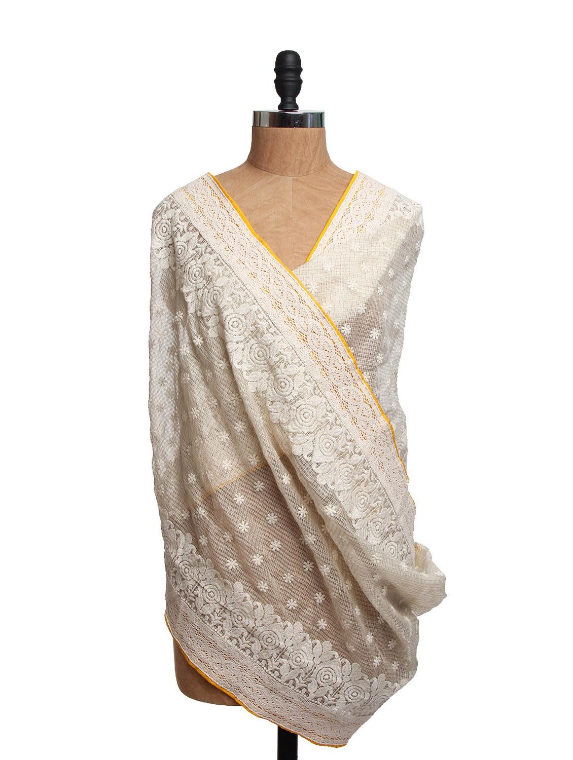 Ivory Tissue Silk Dupatta With Yellow Piping And Cotton Lace - Dupatta Bazaar