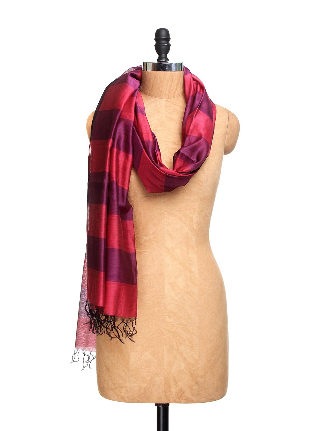 Pink And Purple Blue Chanderi Silk Striped Dupatta - Dupatta Bazaar