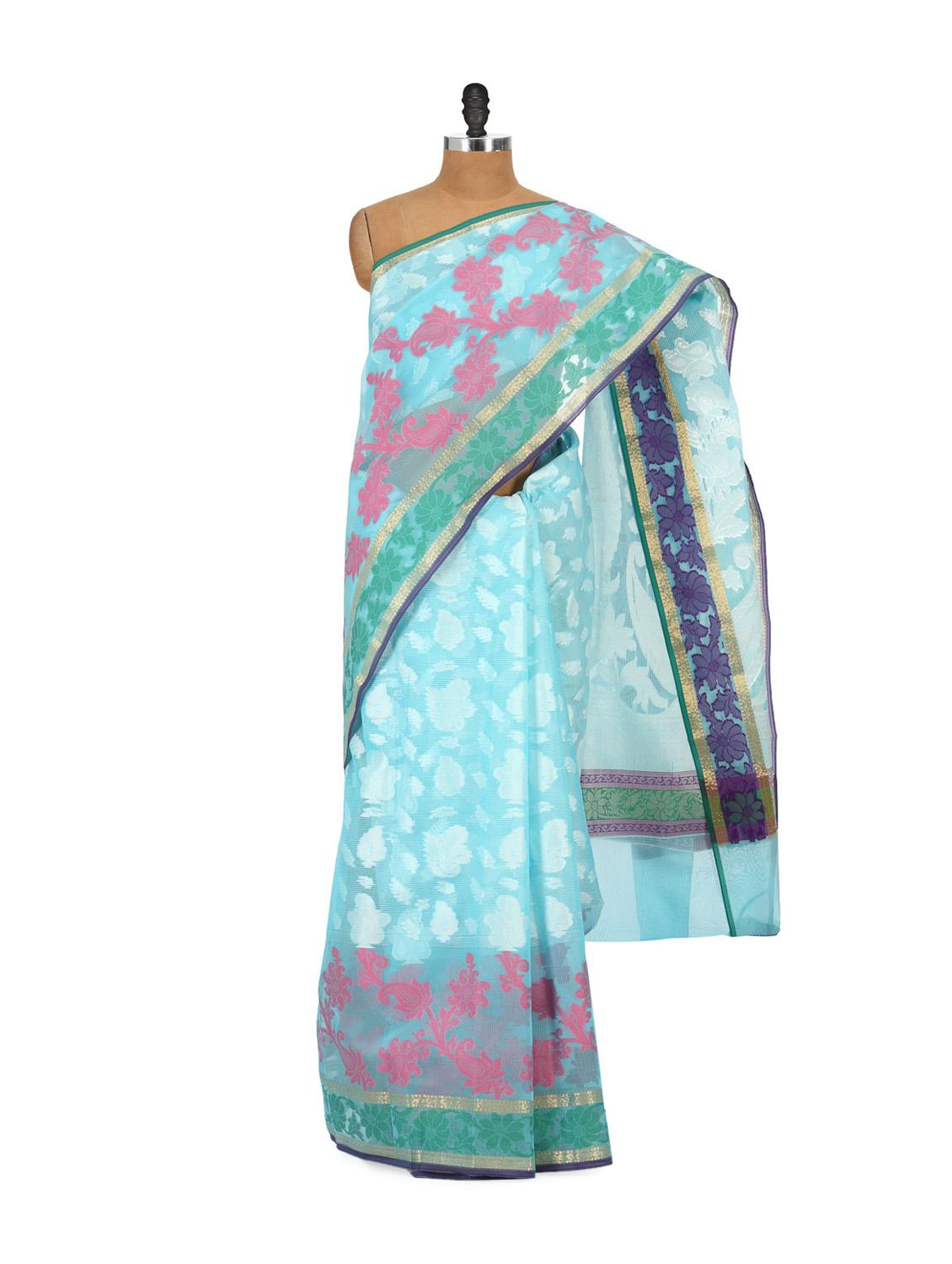 Light Blue Printed Cotton Silk Saree - Bunkar