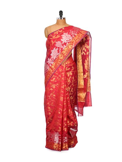Red Cotton Silk Saree - Bunkar