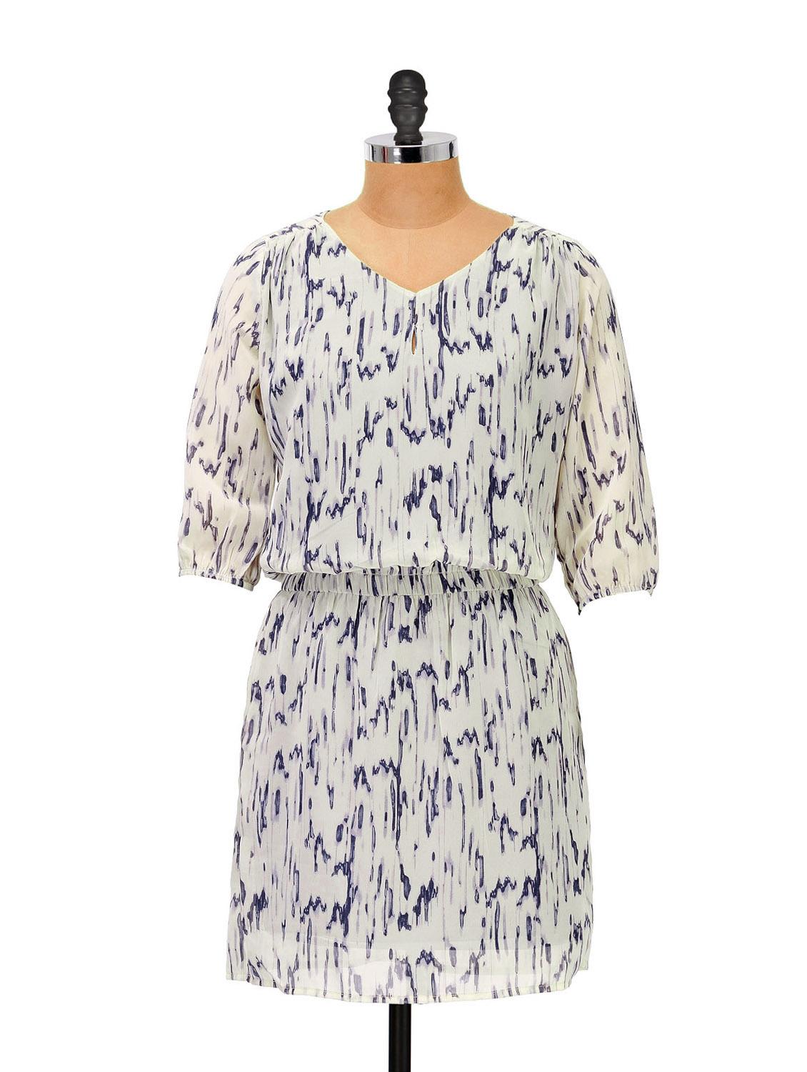 Blue And White Printed Short Dress - Femella