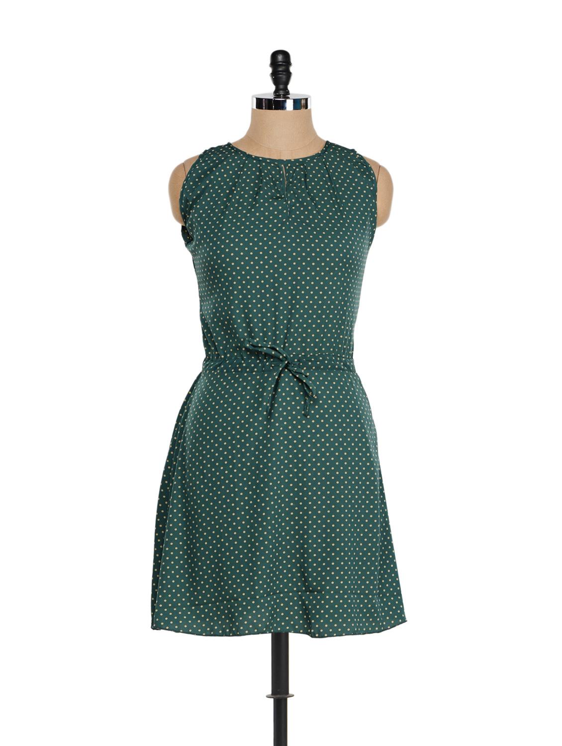 Bottle Green Polka Dotted Dress - Being Fab