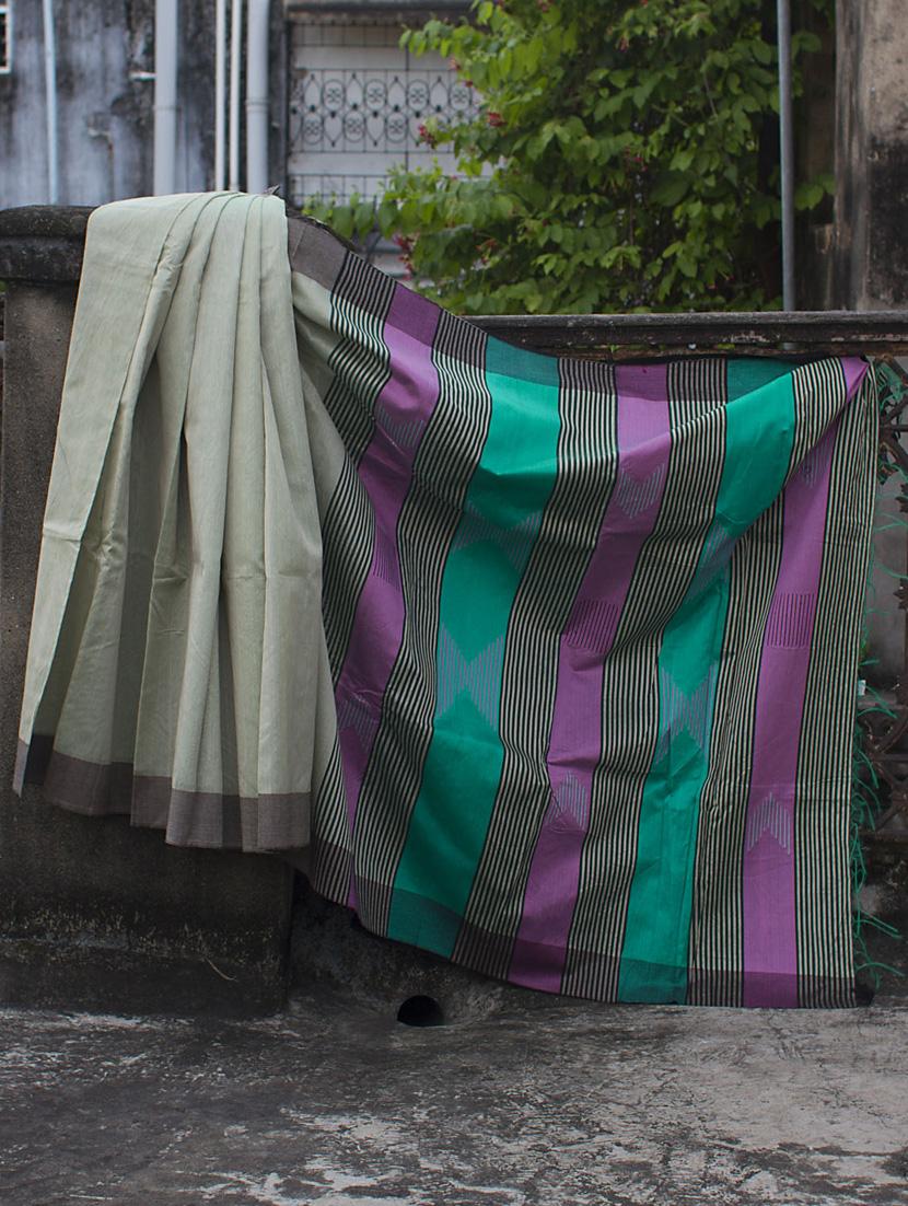 Resham Silk Saree With Striped Aanchal - Cotton Koleksi